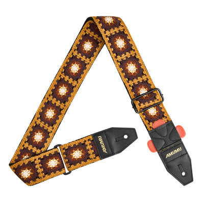 AMUMU CO44C-CF-R Colorful Crochet Guitar Strap β Vintage Knit Pattern with Brown Base & Leather Ends
